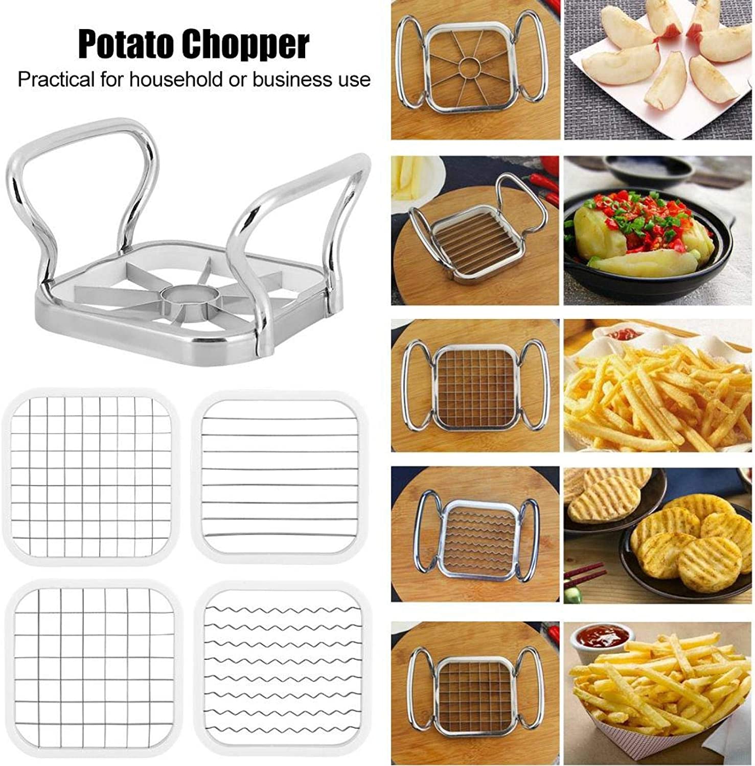 VERTES Coupe-frites en métal avec quatre couteaux, coupe-frites de table ou  mural, coupe-frites, coupe-pommes de terre, frites en 8x8, 10x10, 12x12mm